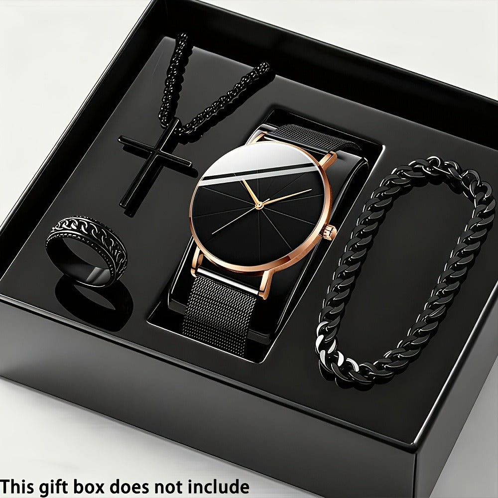 Jewelry Set with Watch - Men's & 4pcs Quartz , Ring, Necklace & Bracelet Fashion Accessory Bundle - product detail view 9