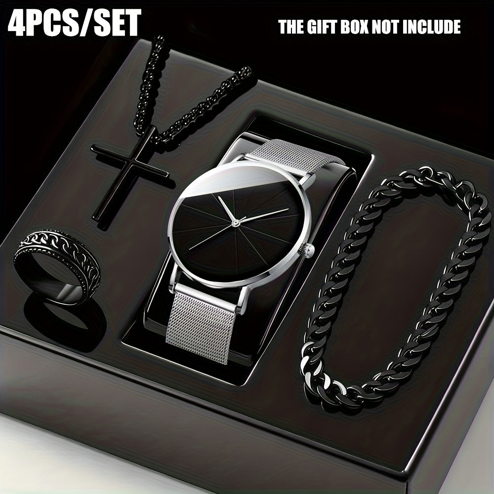 Jewelry Set with Watch - Men's & 4pcs Quartz , Ring, Necklace & Bracelet Fashion Accessory Bundle - product detail view 11