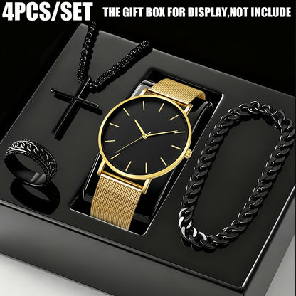 Jewelry Set with Watch - Men's & 4pcs Quartz , Ring, Necklace & Bracelet Fashion Accessory Bundle - product detail view 13