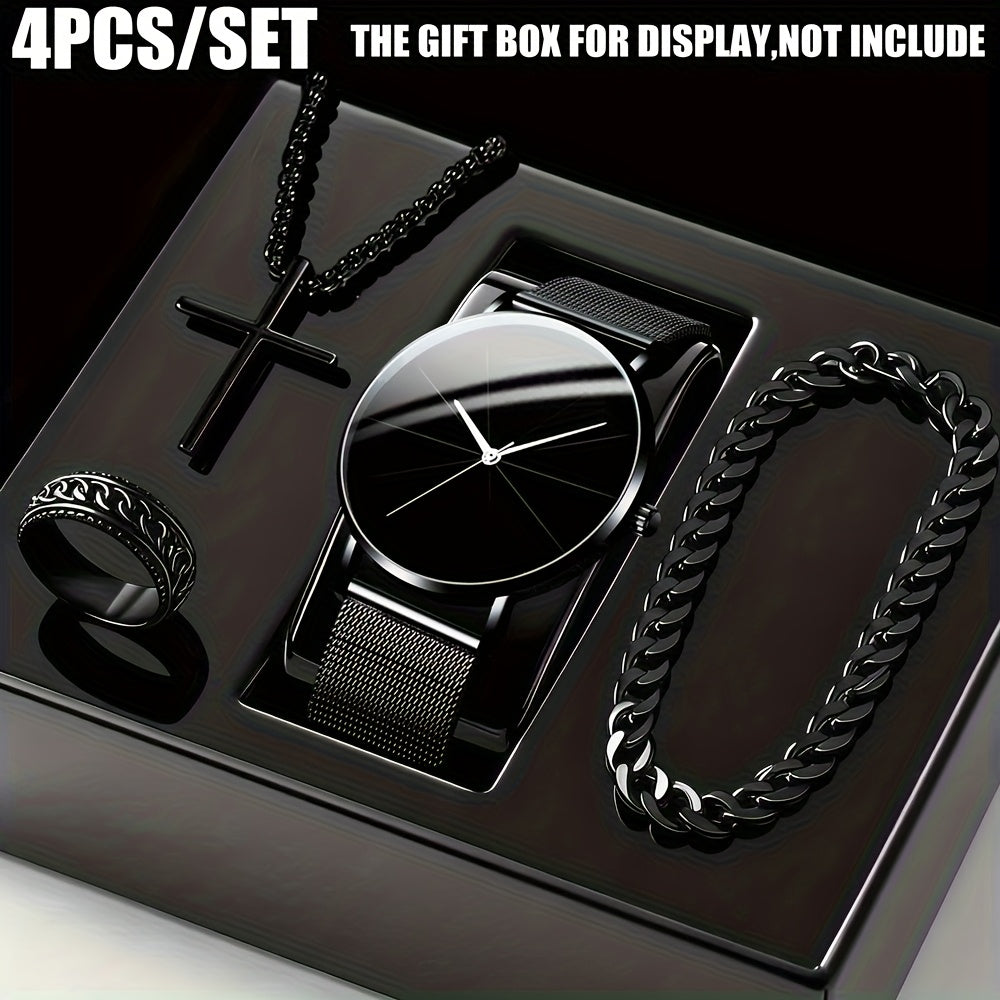 Jewelry Set with Watch - Men's & 4pcs Quartz , Ring, Necklace & Bracelet Fashion Accessory Bundle - product detail view 15