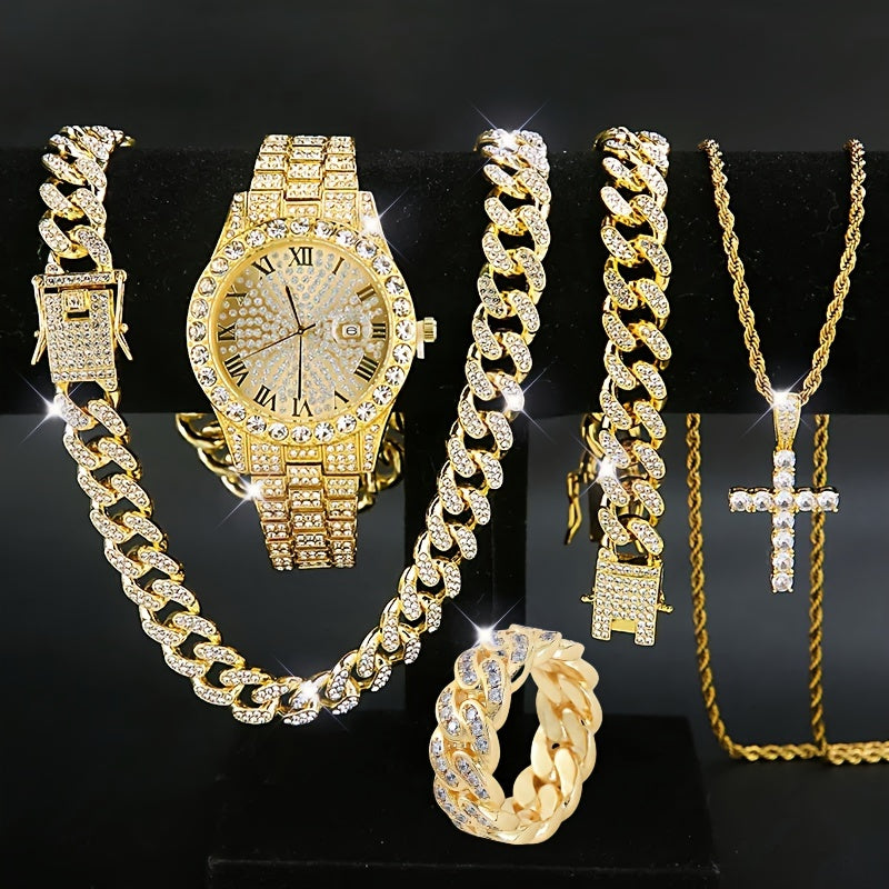 Jewelry Set with Watch - Men's 5pcs Rhinestone Necklace Ring Bracelet Gift Box Fashion Accessories - product detail view 10