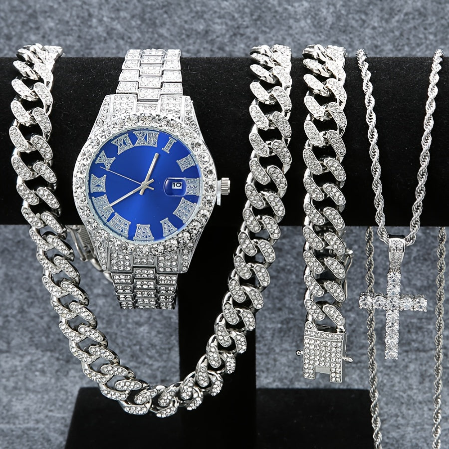Jewelry Set with Watch - Men's & Cuban Link 4pcs Wristwatch, Cuban Necklace & Bracelet Bundle for - product detail view 9