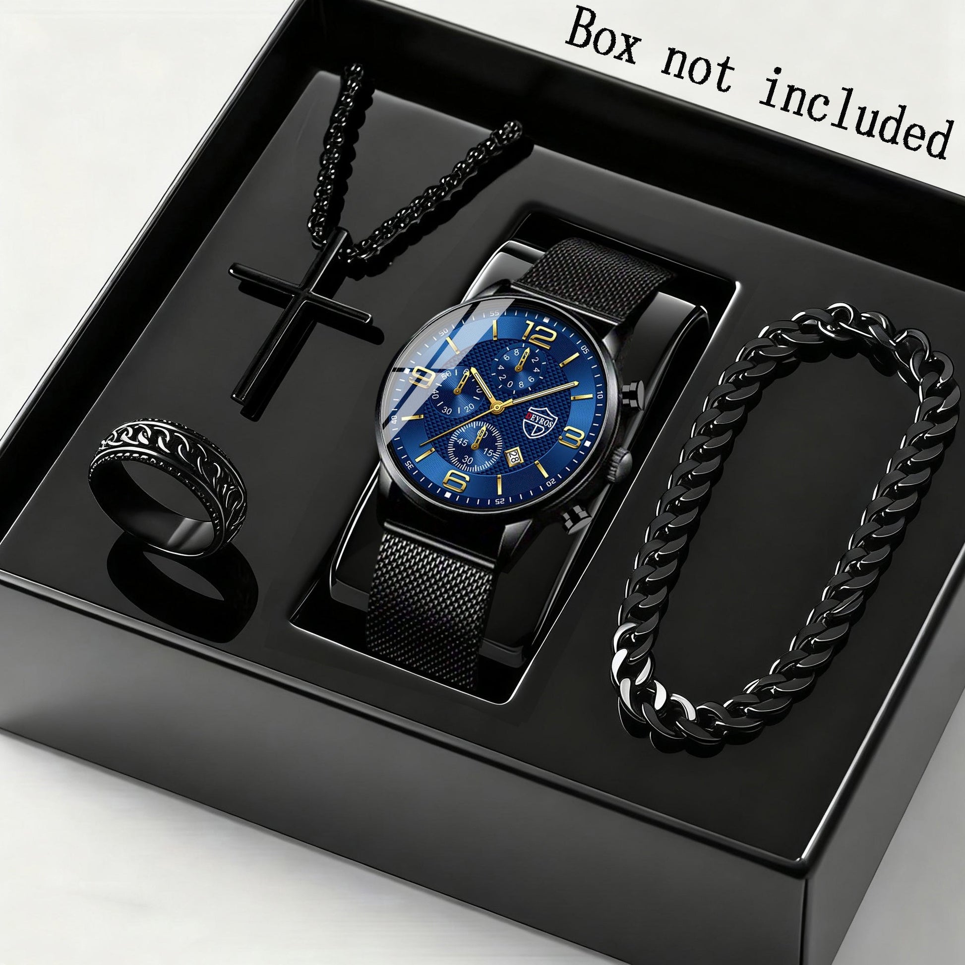 Jewelry Set with Watch - Men's & Gift 4-Piece Quartz Date , Stainless Steel Bracelet & Necklace - product detail view 11
