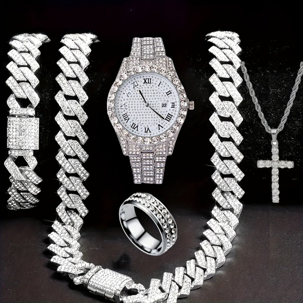 Jewelry Set with Watch - Men's Hip-Hop & Waterfall Chain Sparkling Bracelet & Necklace Combo, 3pcs - product detail view 7