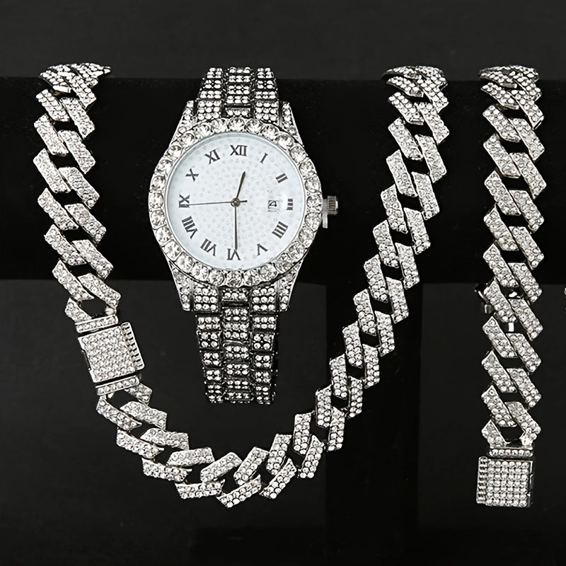 Jewelry Set with Watch - Men's Hip-Hop & Waterfall Chain Sparkling Bracelet & Necklace Combo, 3pcs - product detail view 11