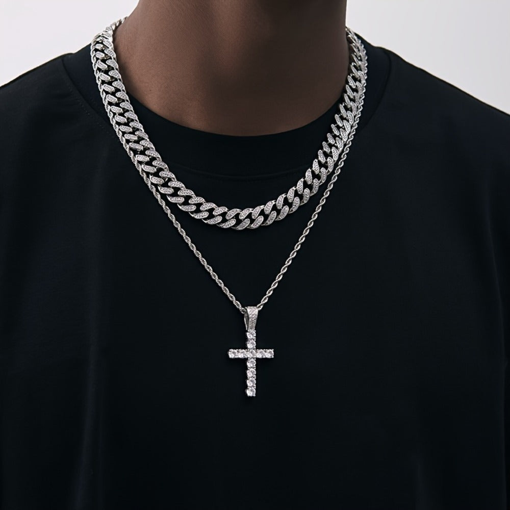 Jewelry Set with Watch - Men's Punk & 4-Piece Quartz , Cuban Chain Necklace, Bracelet & Cross - product detail view 5