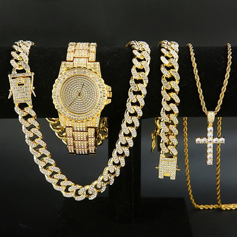 Jewelry Set with Watch - Men's Punk & 4-Piece Quartz , Cuban Chain Necklace, Bracelet & Cross - product detail view 10