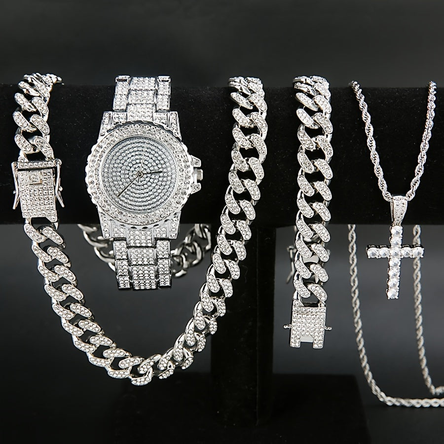 Jewelry Set with Watch - Men's Punk & 4-Piece Quartz , Cuban Chain Necklace, Bracelet & Cross - product detail view 11