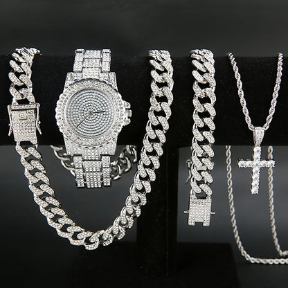 Jewelry Set with Watch - Men's Punk & 4-Piece Quartz , Cuban Chain Necklace, Bracelet & Cross - product detail view 11