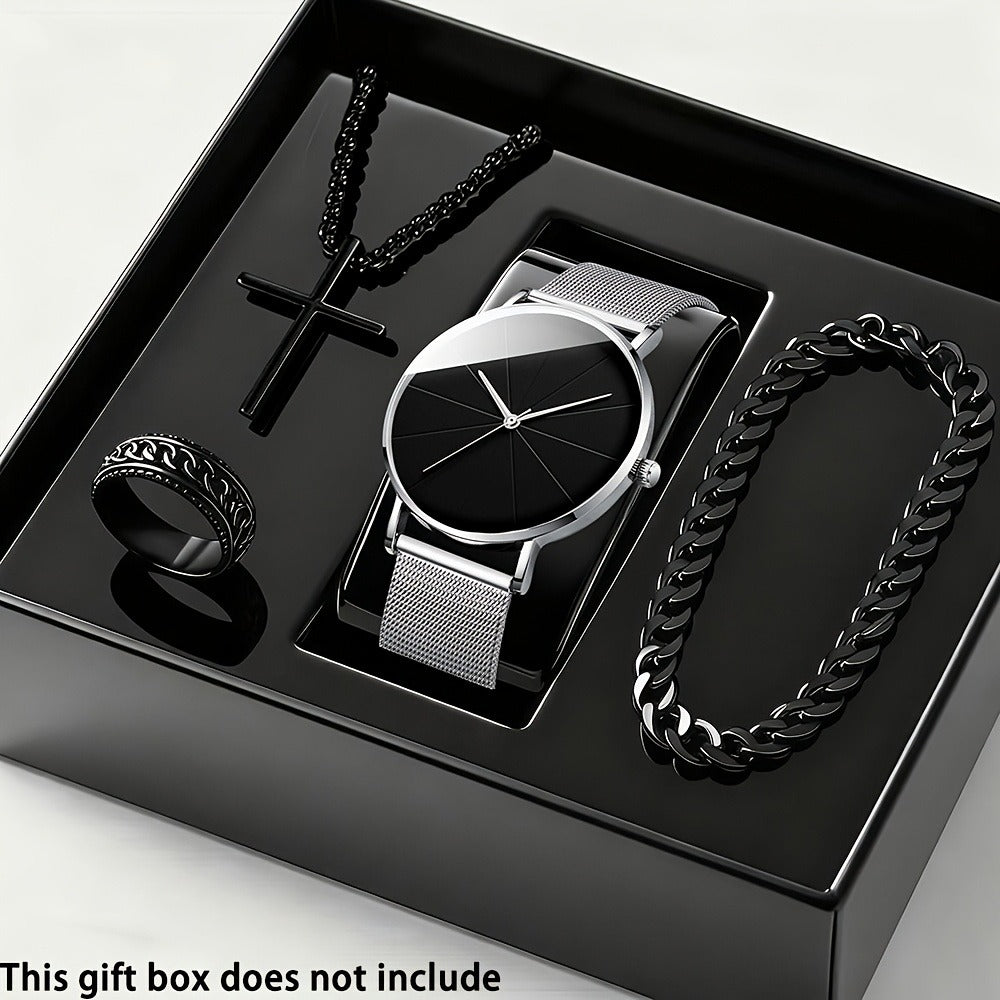 Jewelry Set with Watch - Men's Quartz & Bracelet | 4-Piece Elegant Gift with Alloy Case, Round Dial - product detail view 3
