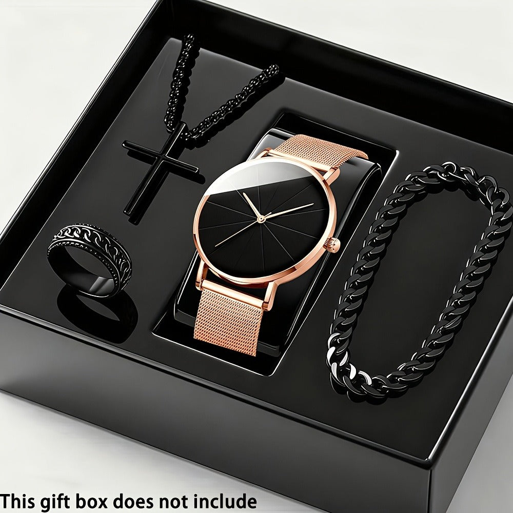 Jewelry Set with Watch - Men's Quartz & Bracelet | 4-Piece Elegant Gift with Alloy Case, Round Dial - product detail view 4