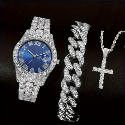 Jewelry Set with Watch - Men's Rhinestone Quartz & 3pcs or 4pcs Bundle with Cross Necklace & - product detail view 3