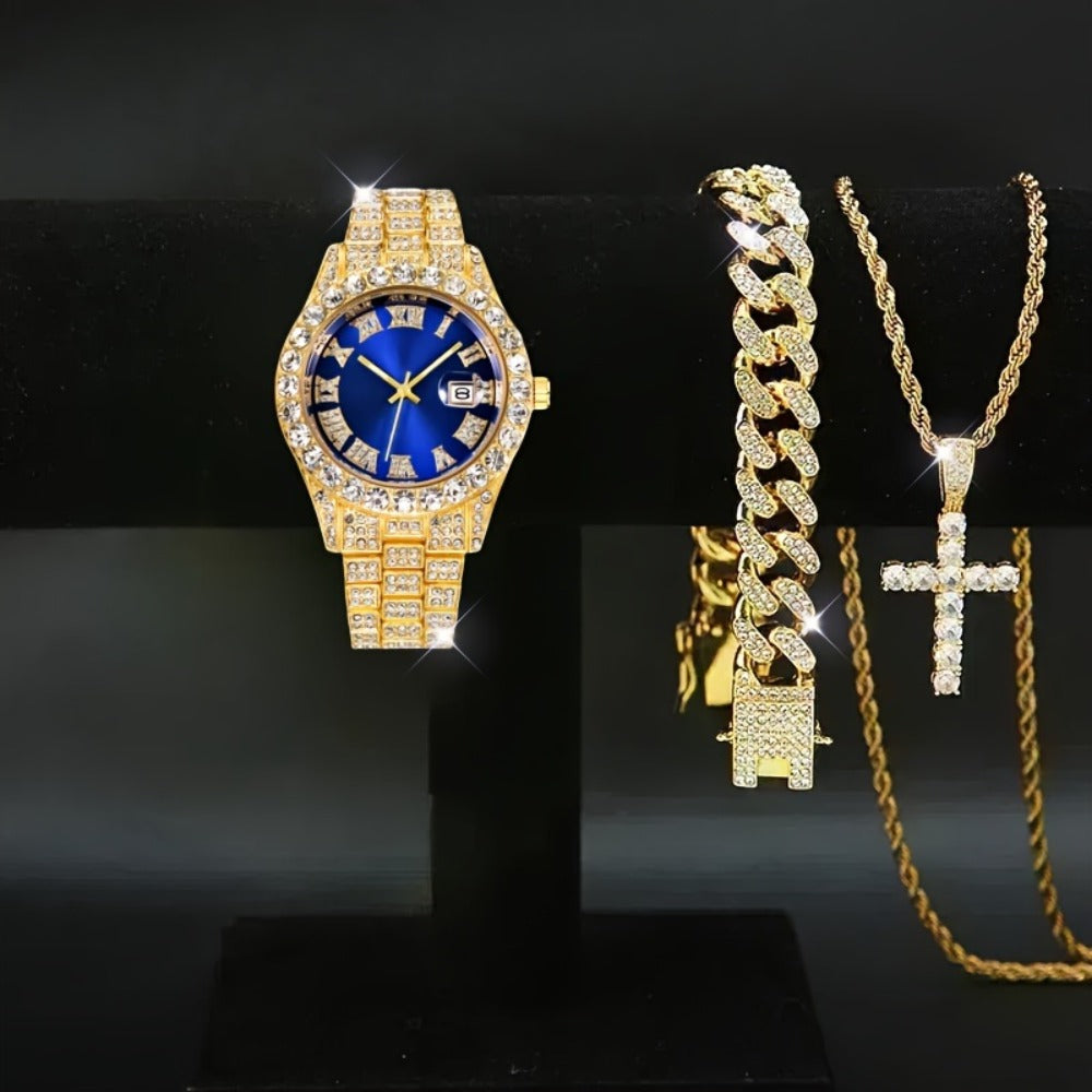 Jewelry Set with Watch - Men's Rhinestone Quartz & 3pcs or 4pcs Bundle with Cross Necklace & - product detail view 7