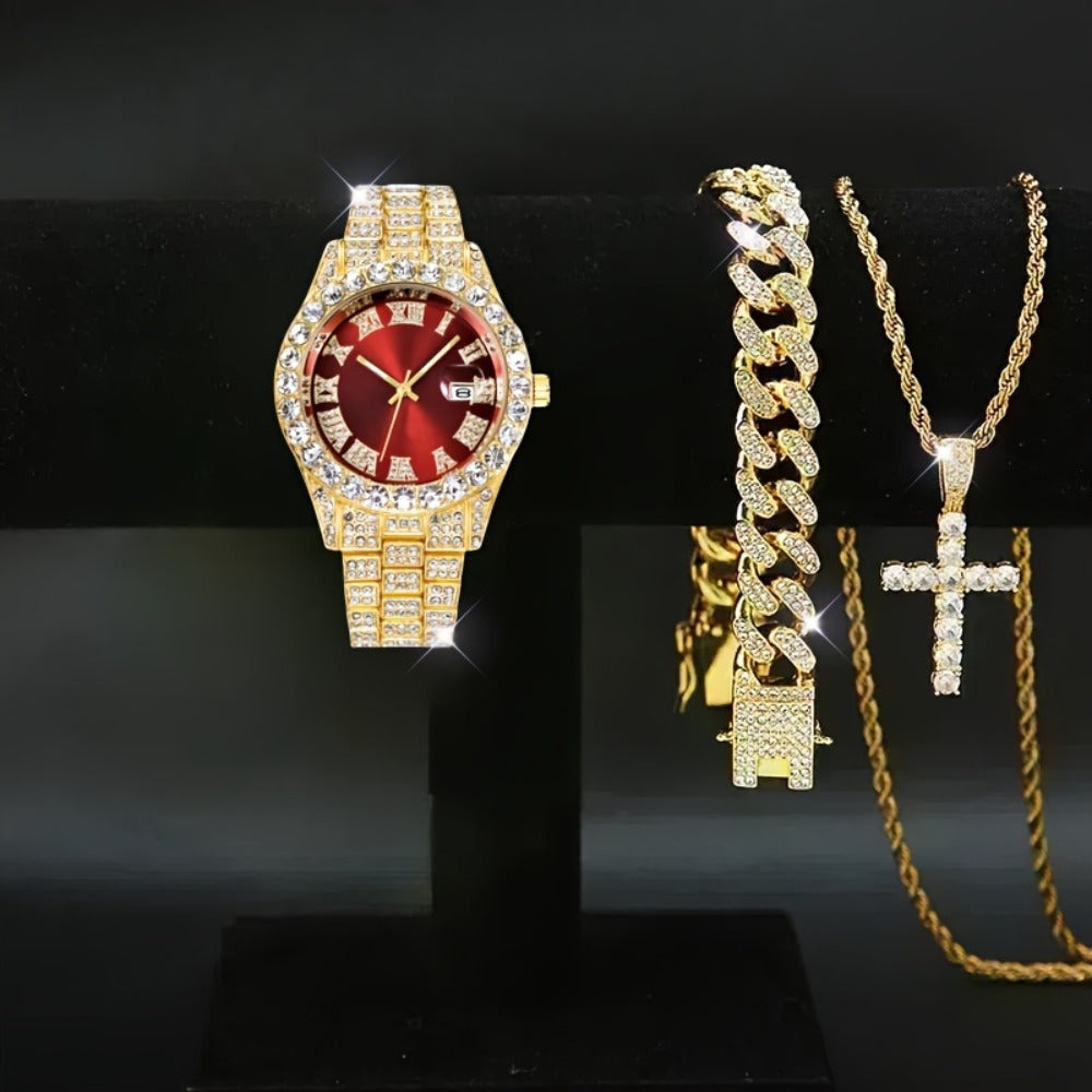 Jewelry Set with Watch - Men's Rhinestone Quartz & 3pcs or 4pcs Bundle with Cross Necklace & - product detail view 8