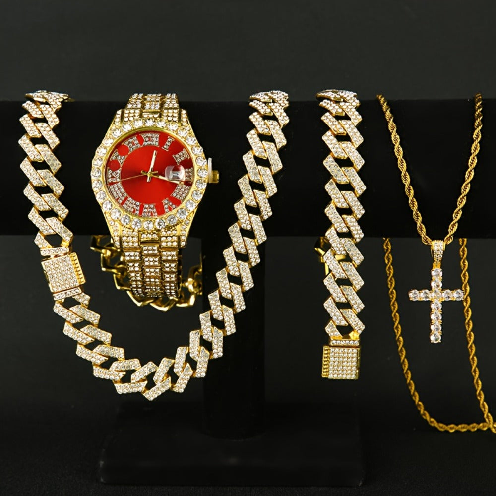 Jewelry Set with Watch - Men's Rhinestone Quartz & 3pcs or 4pcs Bundle with Cross Necklace & - product detail view 9