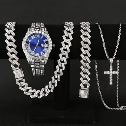 Jewelry Set with Watch - Men's Rhinestone Quartz & 3pcs or 4pcs Bundle with Cross Necklace & - product detail view 10