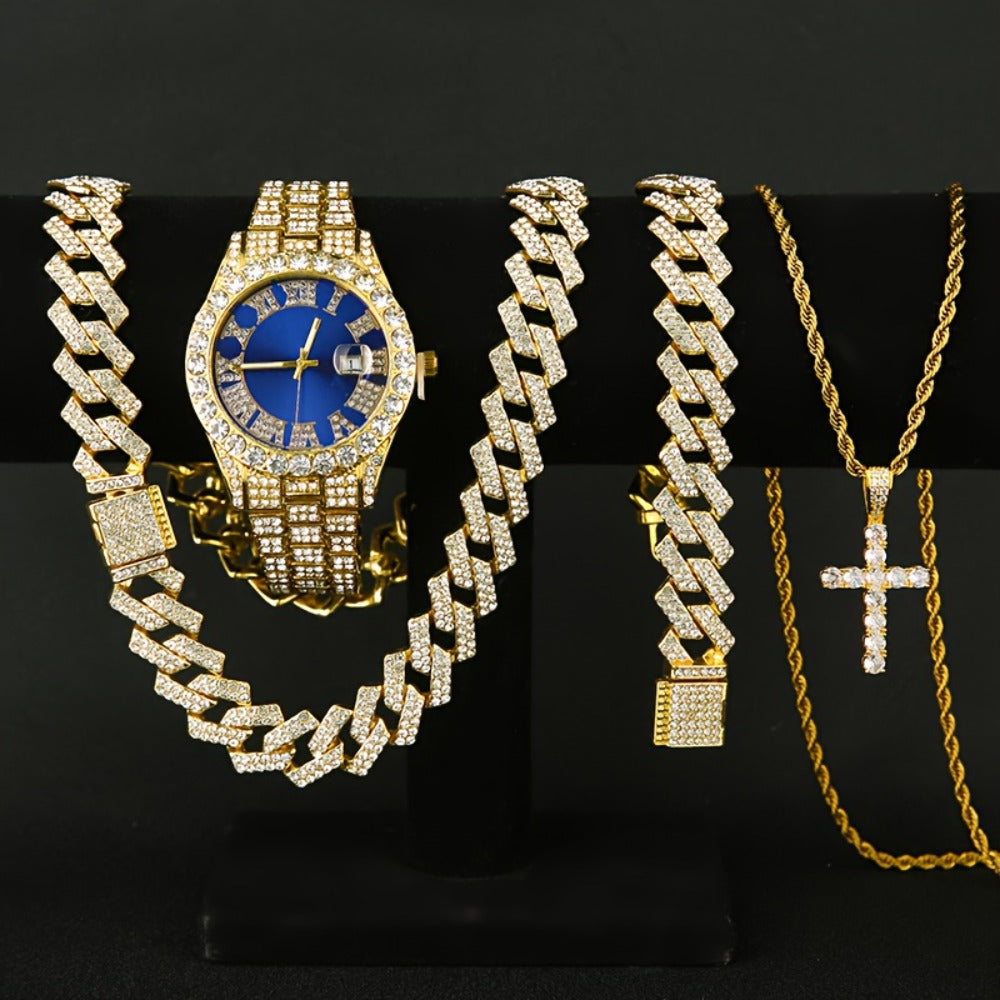 Jewelry Set with Watch - Men's Rhinestone Quartz & 3pcs or 4pcs Bundle with Cross Necklace & - product detail view 11