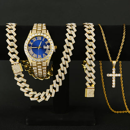 Jewelry Set with Watch - Men's Rhinestone Quartz & 3pcs or 4pcs Bundle with Cross Necklace & - product detail view 11