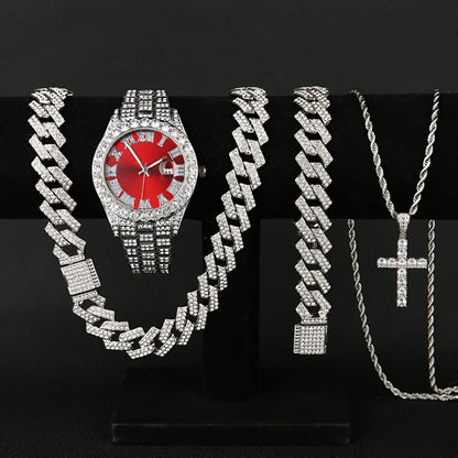 Jewelry Set with Watch - Men's Rhinestone Quartz & 3pcs or 4pcs Bundle with Cross Necklace & - product detail view 12