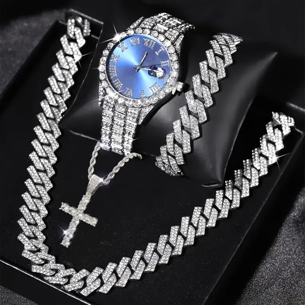 Jewelry Set with Watch - Men's Rhinestone Quartz & 3pcs or 4pcs Bundle with Cross Necklace & - product detail view 13