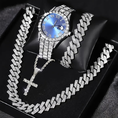 Jewelry Set with Watch - Men's Rhinestone Quartz & 3pcs or 4pcs Bundle with Cross Necklace & - product detail view 13