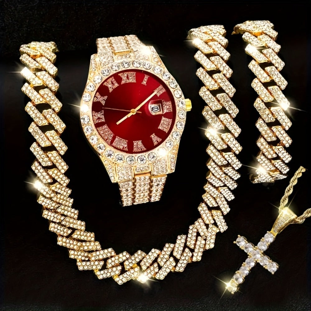 Jewelry Set with Watch - Men's Rhinestone Quartz & 3pcs or 4pcs Bundle with Cross Necklace & - product detail view 14