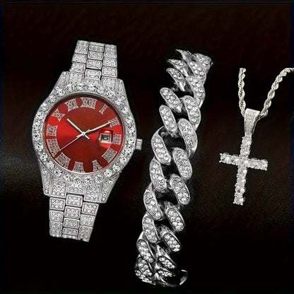 Jewelry Set with Watch - Men's Rhinestone Quartz & 3pcs or 4pcs Bundle with Cross Necklace & - product detail view 16