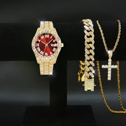 Jewelry Set with Watch - Men's Rhinestone Quartz & 3pcs or 4pcs Bundle with Cross Necklace & - product detail view 18