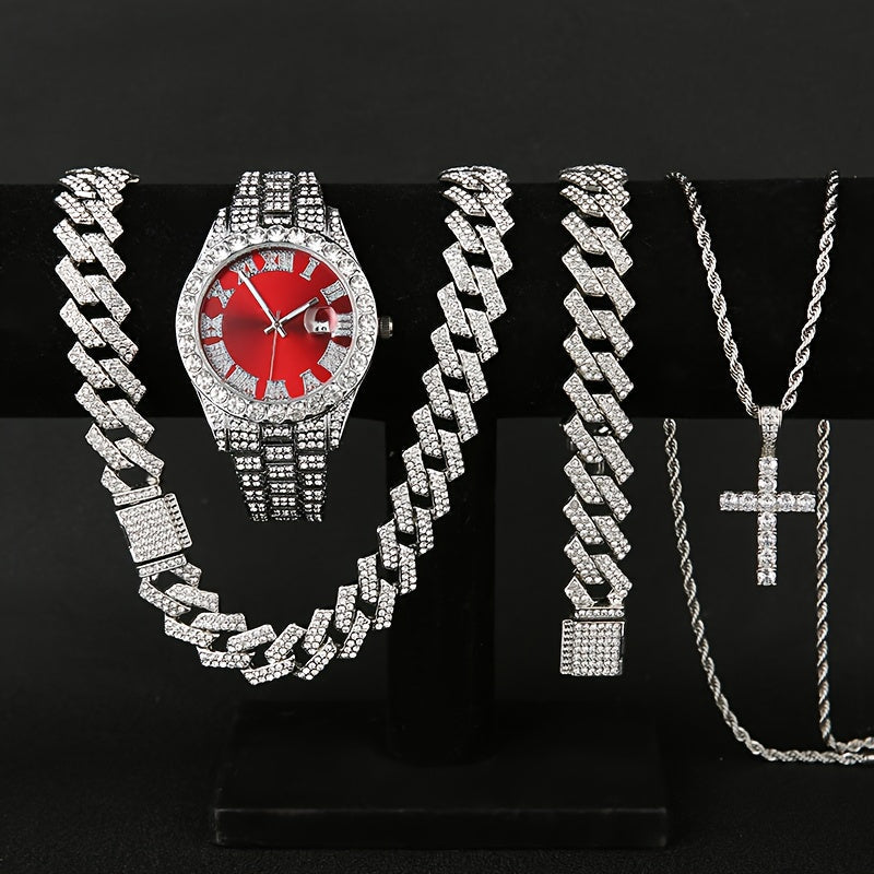 Jewelry Set with Watch - Men's Rhinestone Quartz & 3pcs or 4pcs Bundle with Cross Necklace & - product detail view 20