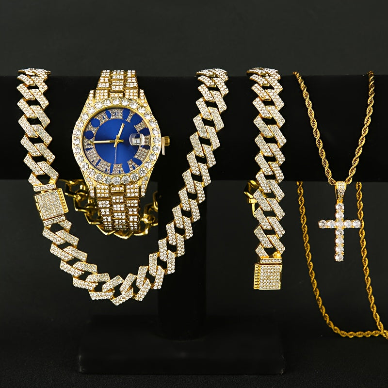 Jewelry Set with Watch - Men's Rhinestone Quartz & 3pcs or 4pcs Bundle with Cross Necklace & - product detail view 21