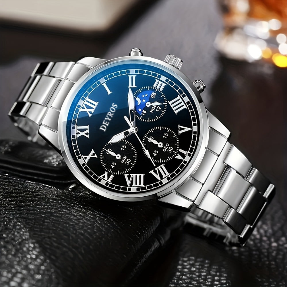 Jewelry Set with Watch - Stainless Steel for Men 3pcs Business Chronograph Quartz Necklace Bracelet - product detail view 5