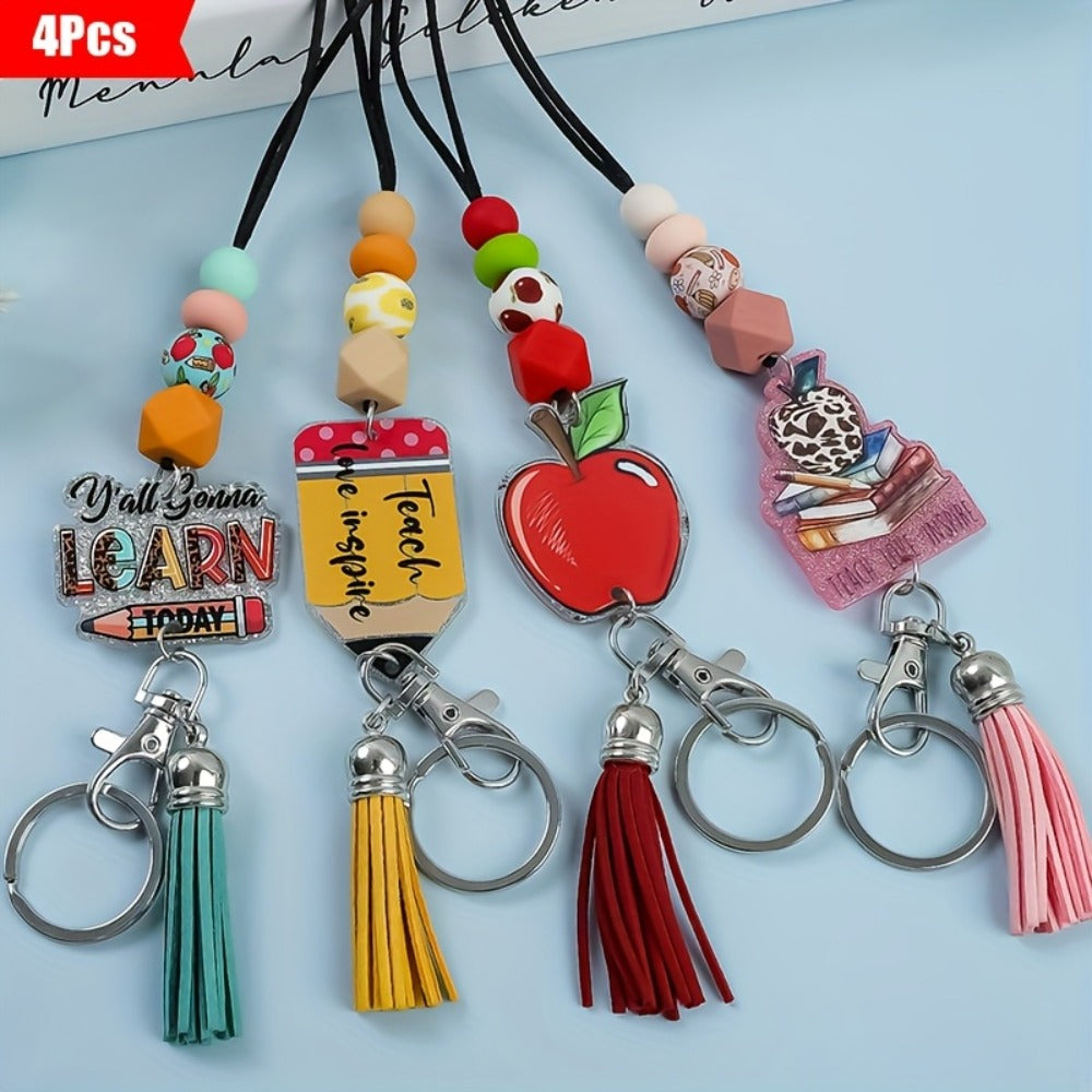 Keychain - Apple Set 4 Pack | Acrylic Printed Letter Charm with Lobster Clasp, ID - product detail view 3