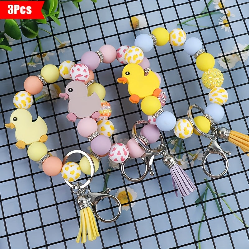 Keychain - Duck Set 3 Pack | Cute Cartoon Duck Bead Key Ring, Kawaii Animal Charm - product detail view 7