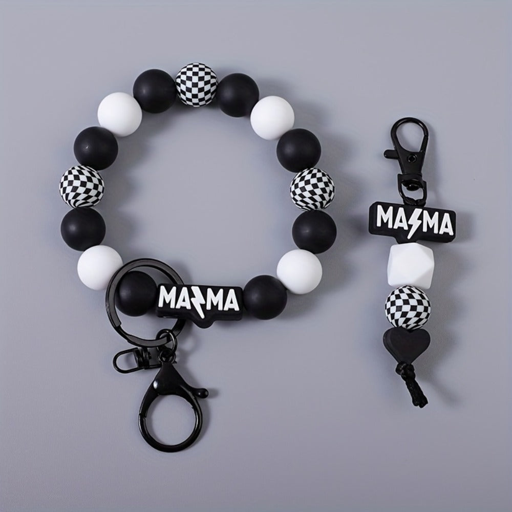 Keychain - MAMA Beaded Set 2 Pcs - Handmade Checkered Bead Keyring for Women Men - product detail view 3