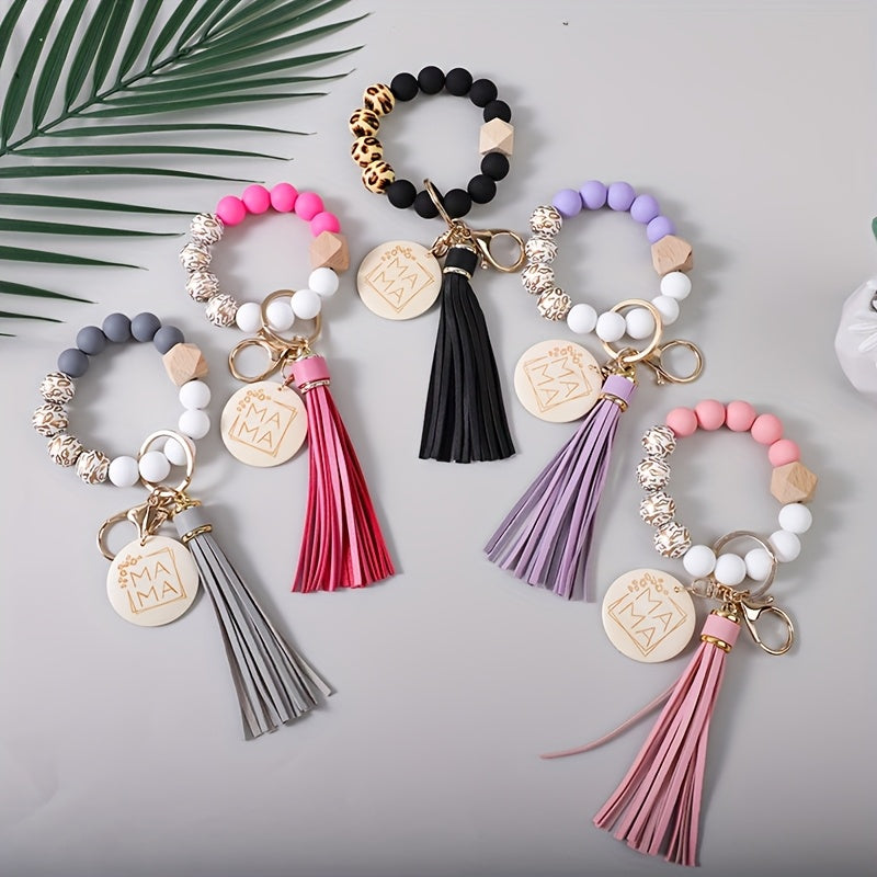 Keychain - MAMA Set 5 Pcs - Leopard Print Wooden Bead Wrist Keyring with PU Tassel & - product detail view 8