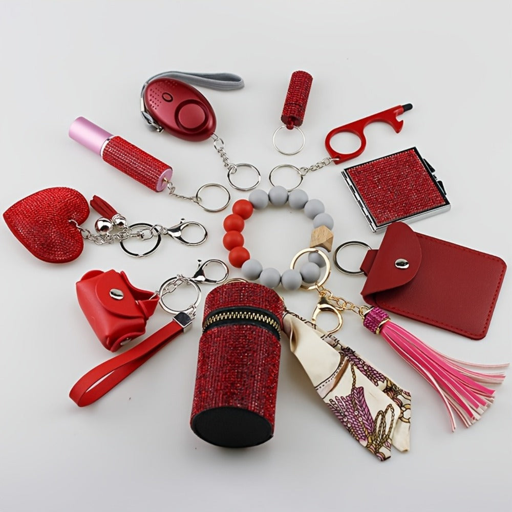 Keychain - Women's Safety Set 11 Piece | Personal Alarm, Door Lock, Mirror, Lipstick - main product view