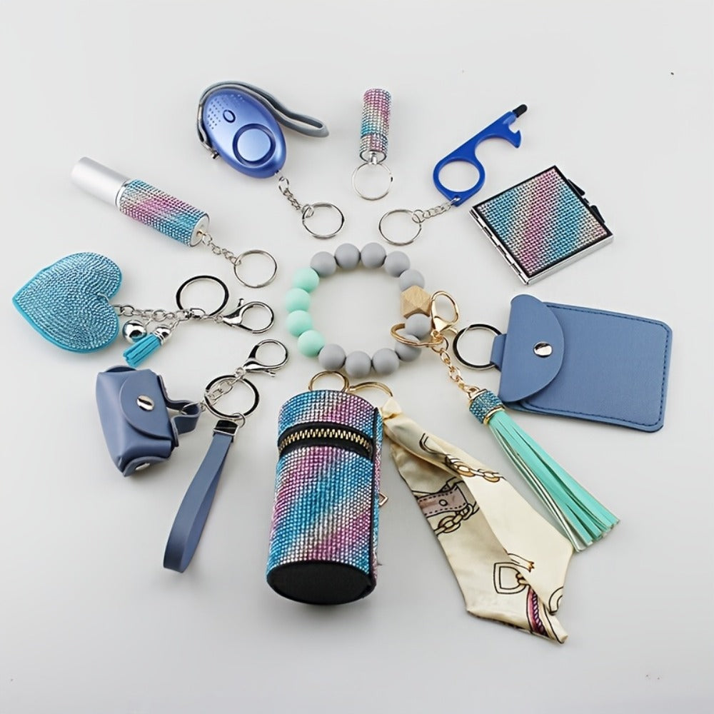 Keychain - Women's Safety Set 11 Piece | Personal Alarm, Door Lock, Mirror, Lipstick - product detail view 4