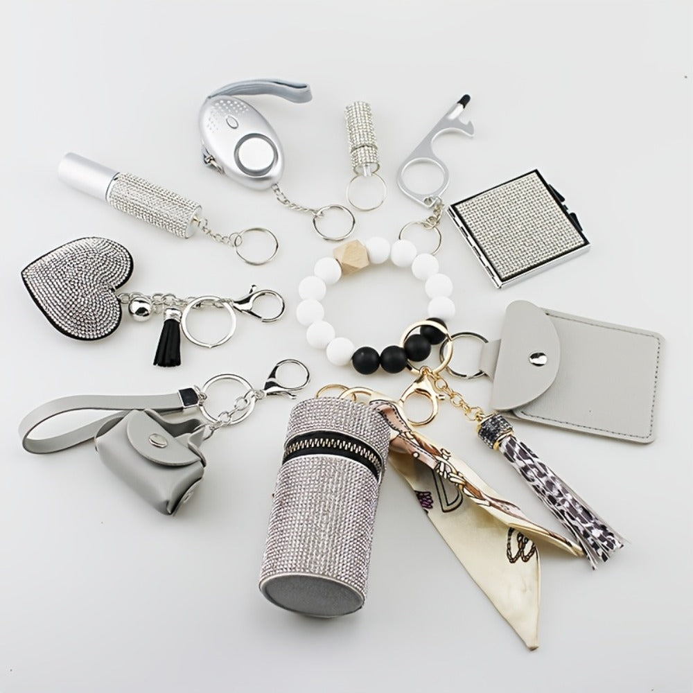 Keychain - Women's Safety Set 11 Piece | Personal Alarm, Door Lock, Mirror, Lipstick - product detail view 5