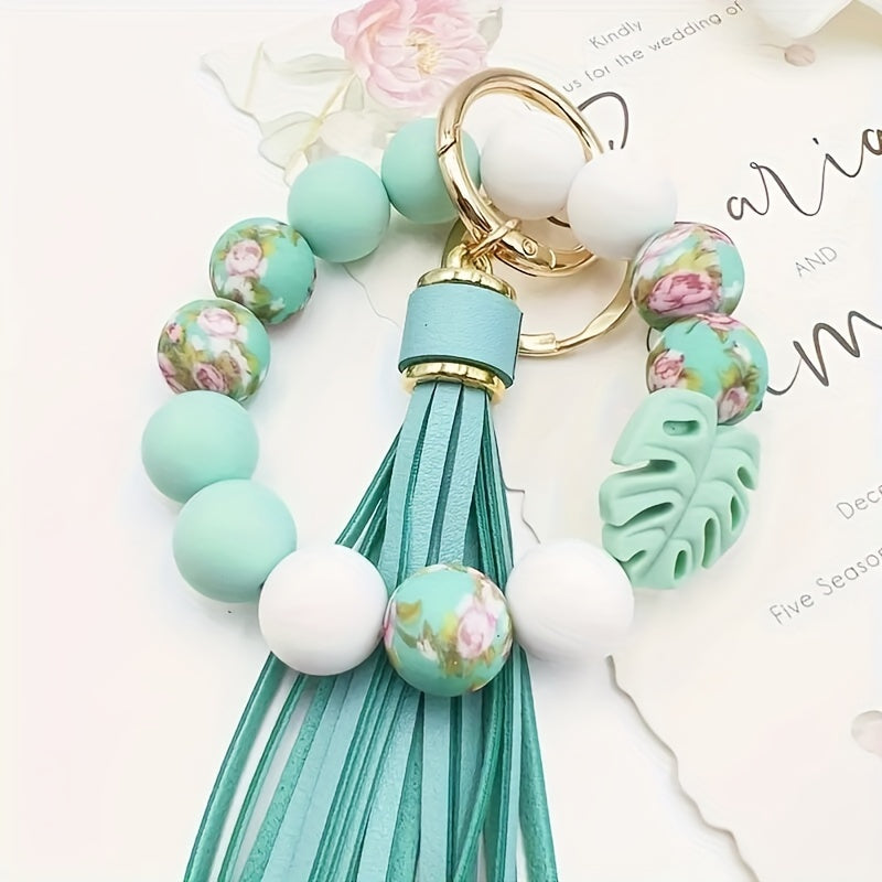 Keychain - Silicone Beaded with Leaf Charm & Tassel | Trendy Floral & Solid Color - product detail view 8