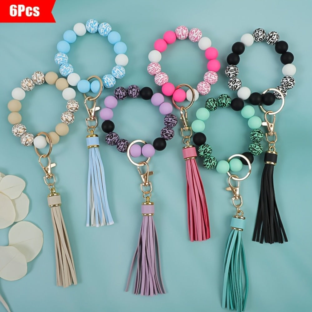 Keychain - Wooden Bead Set 6 Pcs - Leopard Print Tassel Boho for Women, Handmade - product detail view 3
