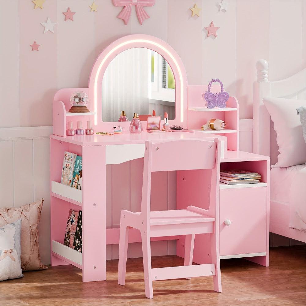 Kids Vanity Set with LED Lighted Mirror, Girls Princess Makeup Desk & Chair with Storage shown in the main product view