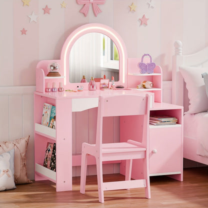 Kids Vanity Set with LED Lighted Mirror, Girls Princess Makeup Desk & Chair with Storage shown in the main product view