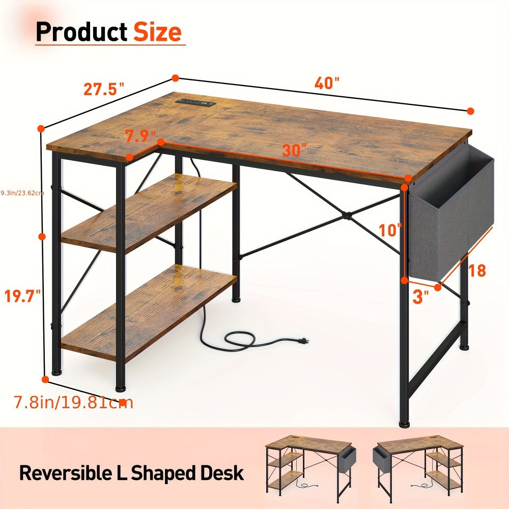 L-Shaped Gaming Desk with Charging Station and LED Lighting for Home Office detail image