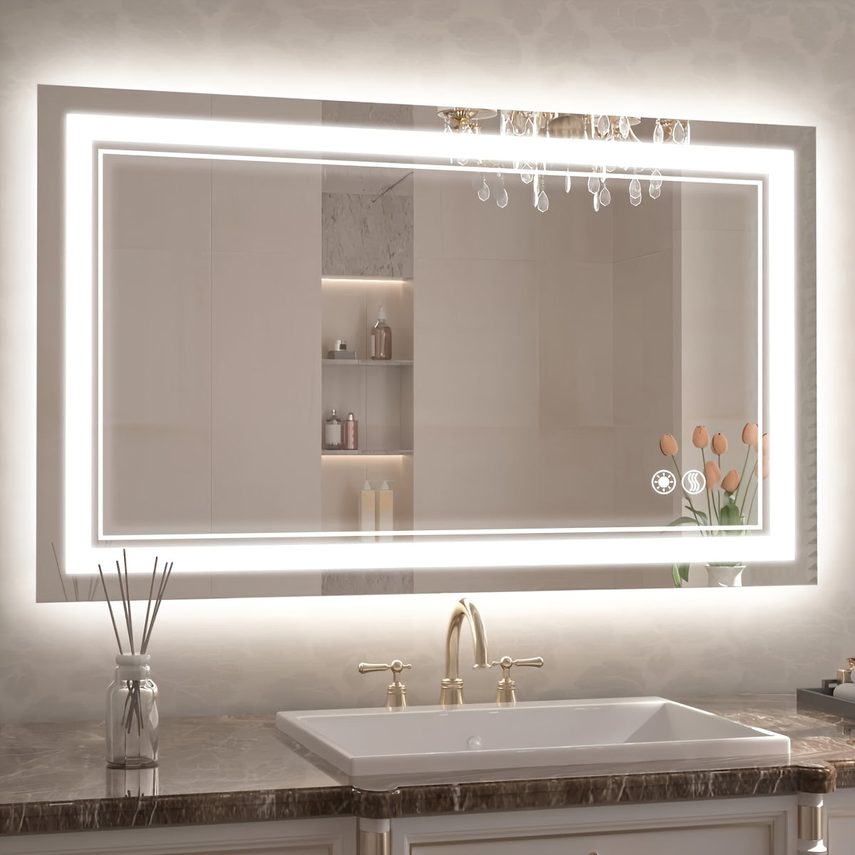 LED Bathroom Mirror shown in the 24X36''Horizontal/Vertical option