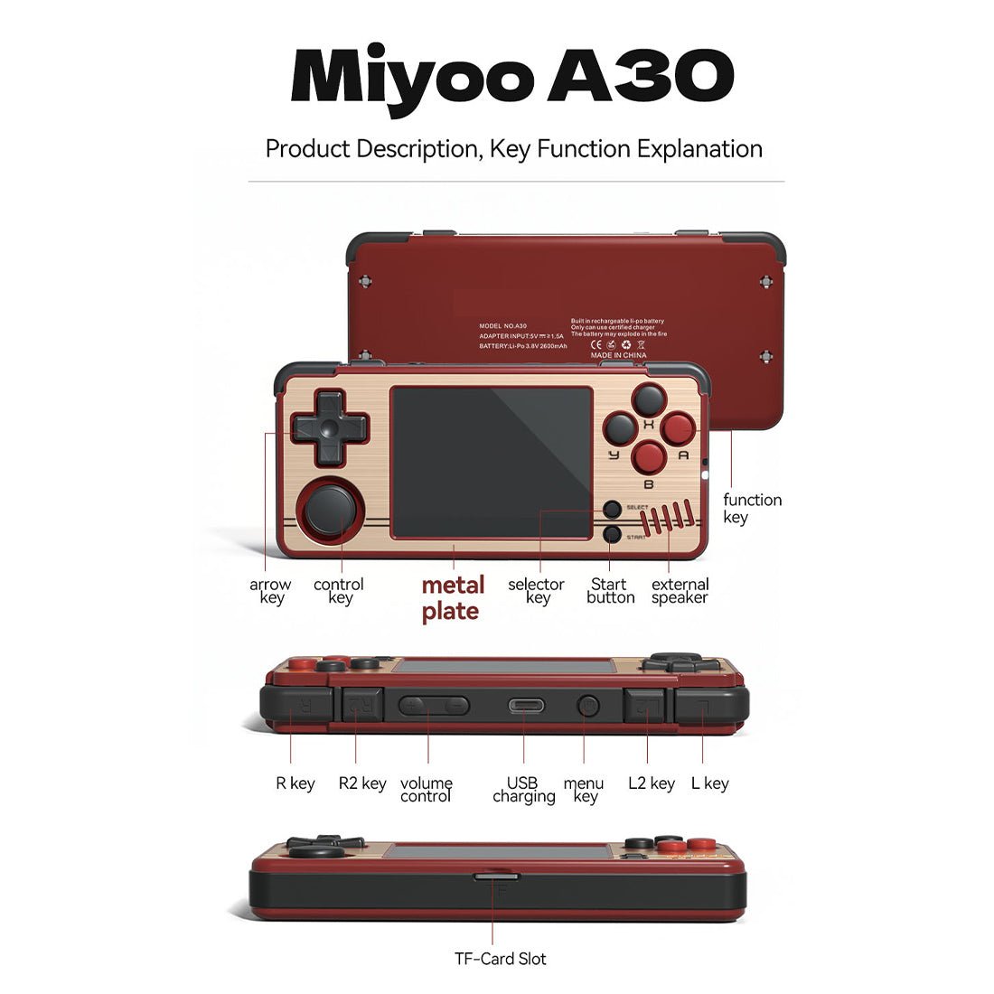Handheld Game Console Miyoo A30 Horizontal with 2.8-inch IPS, 64GB Options, 2600mAh Battery, Linux-based system
