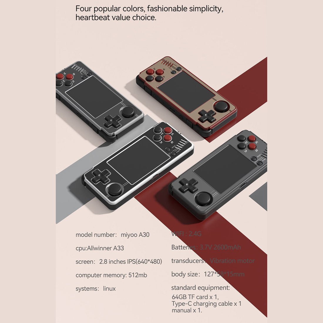 Handheld Game Console Miyoo A30 Horizontal with 2.8-inch IPS, 64GB Options, 2600mAh Battery, Linux-based system