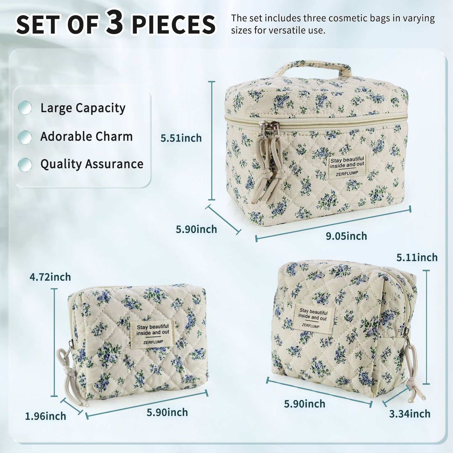 Travel Makeup Bag – 3 Piece, Quilted, for Travel – detail view 15