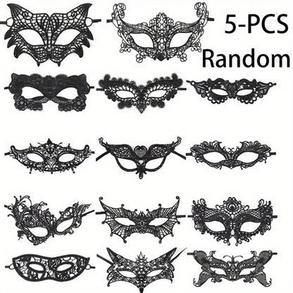 Masquerade Masks - Lace Mask Set 5 Pcs for Women Black Venetian Hollow Flower Half Face Eye - product detail view 3