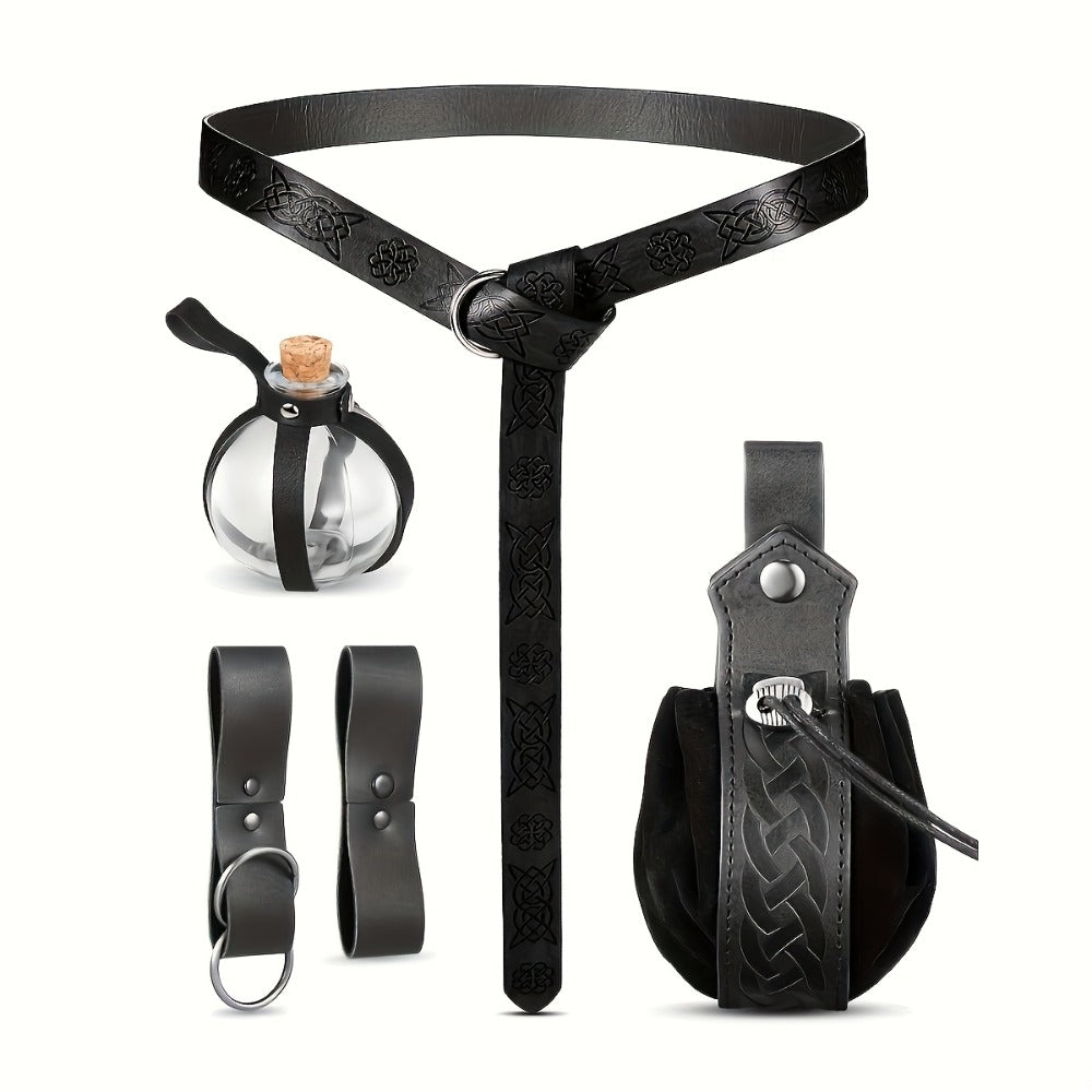 Medieval Belt Sets - Set 5PCS Renaissance Viking Faux Leather Waist , Potion Holder, Pouch & - product detail view 4
