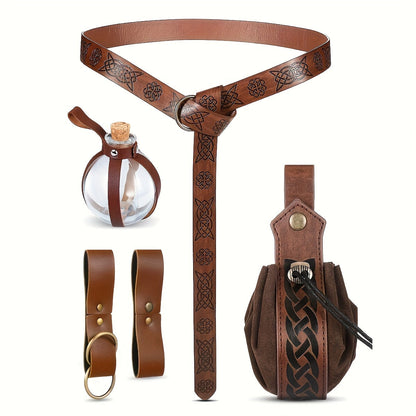 Medieval Belt Sets - Set 5PCS Renaissance Viking Faux Leather Waist , Potion Holder, Pouch & - product detail view 7